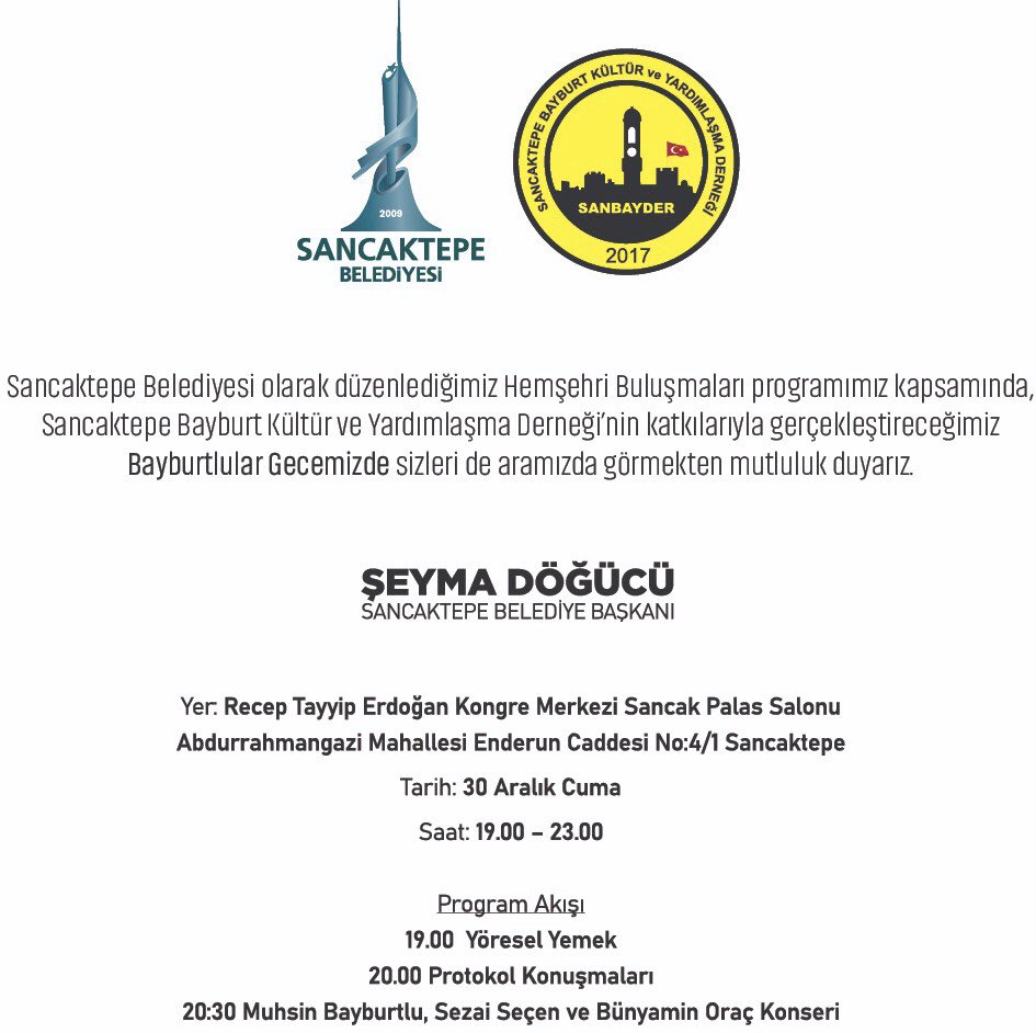 sancaktepebayb's tweet photo. Sazıyla sözüyle kokoç çorbası tel helvasıyla bir başkadır Bayburt Geceleri…

Sancaktepe belediyesi ve Derneğimizin ortaklaşa düzenleyeceği bu özel ve anlamlı gecede siz kıymetli hemşehrilerimizi aramızda görmekten mutluluk duyarız. @SeymaDgc 

#Sanbayder #Sancaktepe #Bayburt https://t.co/Vq7wlCixEI
