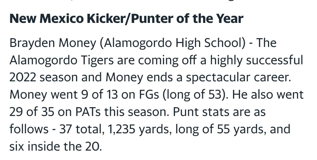 AlamoTigerFootball (@alamofootball) on Twitter photo HUGE NEWS! Congratulations to the kicker/punter of the year for NM, <a href="/BraydenMoney23/">Brayden Money</a>. Very proud of you and all that you have done for the program. #BuiltByTheA #FOE HUGE NEWS! Congratulations to the kicker/punter of the year for NM, <a href="/BraydenMoney23/">Brayden Money</a>. Very proud of you and all that you have done for the program. #BuiltByTheA #FOE