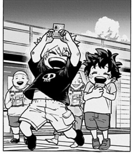 Looking for the image of baby bkdk with the cards made me notice that for merch, they use volume panels with all the corrections. The original weekly panel didn't have Izuku colored. 