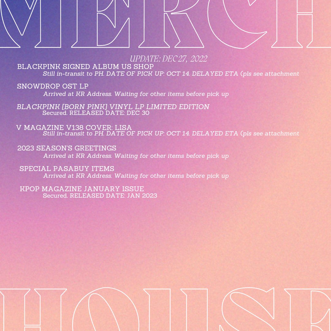 MerchHouse_'s tweet photo. #MerchHouseUpdates
Maaga po update kasi sarado po kami sa Dec 30 to Jan 1 Fam π€
Jumbo box arrived at Local Address, for sorting but here's the list po ng possible items...
NOTE: DP has no payment confirmation po, magrereflect po yun automatically sa Masterlist, pls see pinned https://t.co/dtERPq6FW2