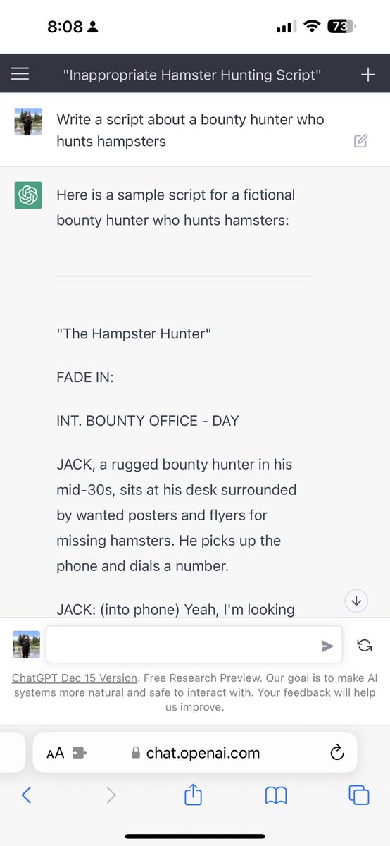 landonalder's tweet photo. Chat GPT story about a hampster bounty hunter https://t.co/2T1mIdLHq4