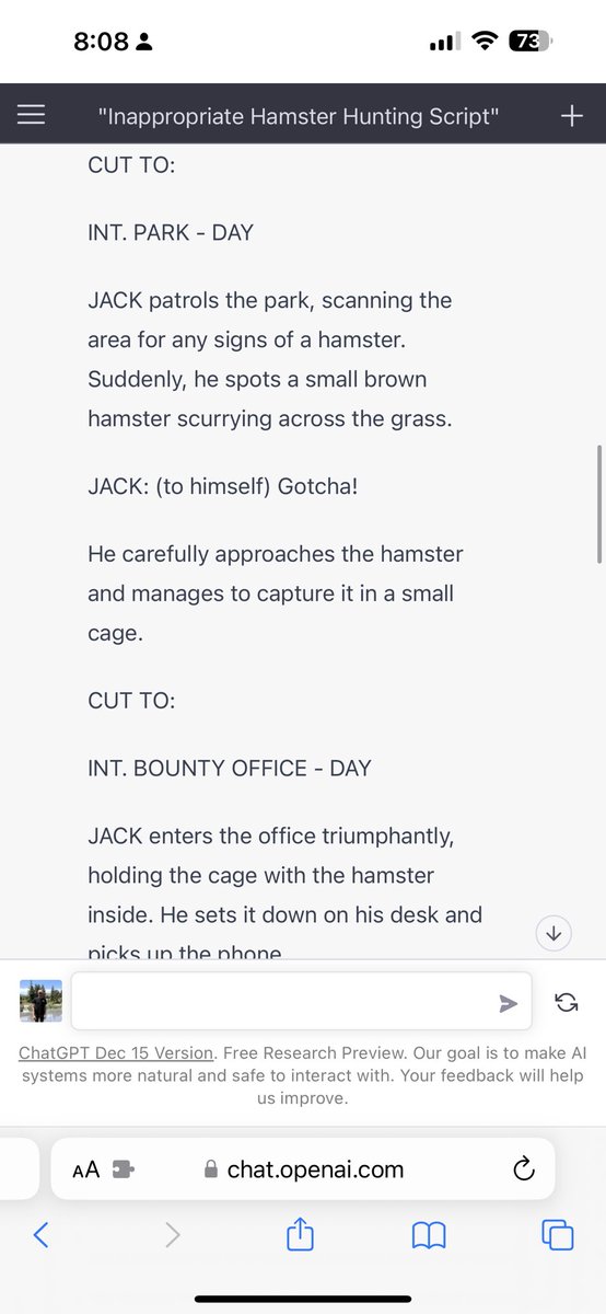landonalder's tweet photo. Chat GPT story about a hampster bounty hunter https://t.co/2T1mIdLHq4