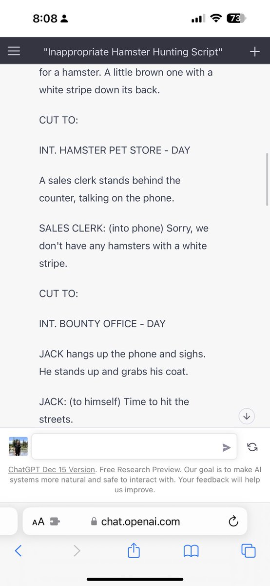 landonalder's tweet photo. Chat GPT story about a hampster bounty hunter https://t.co/2T1mIdLHq4