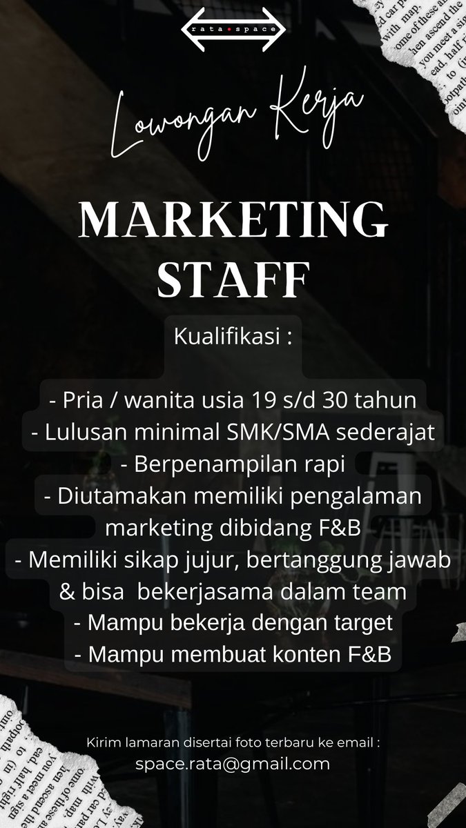 RataSpace's tweet photo. LAST CALL

Hari terakhir untuk kalian yang pengen jadi bagian dari #rataspace

CC @yusufgunawan @kepanjen_kita @infomalang @Lokermalang 

#lokermalang #lowkermalang https://t.co/rlzHIRfguF