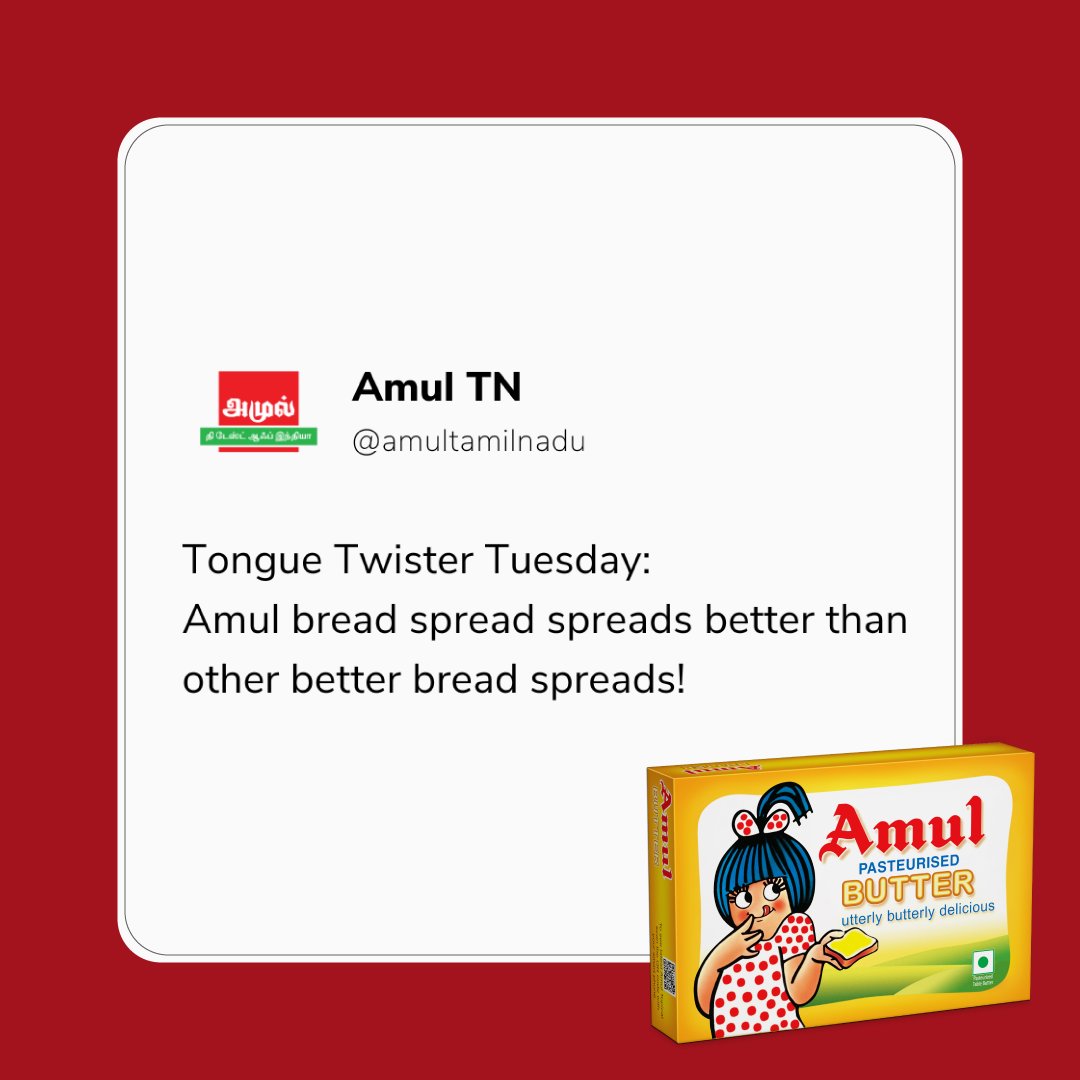 amultamilnadu's tweet photo. ட்ரை பண்ணி பாருங்க!😉
#Amul #அமுல் #AmulInTn #AmulGoodness #AmulProducts #AmuButter #AmulSpread #Butter #Spread #BreadSpread #TongueTwister https://t.co/I5F24woehQ