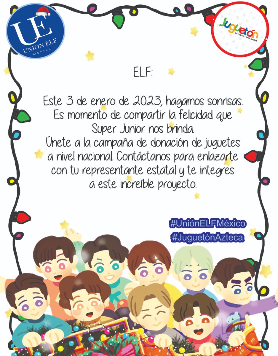 ELFLatam's tweet photo. Queridas ELF

¡Hagamos sonrisas este 3 de enero! 

Intégrate al primer proyecto nacional de la Unión ELF México

#UniónELFMéxico #JuguetónAzteca 

@SJofficial @JuguetonAzteca @RicardoBSalinas 
@SMTOWNGLOBAL @nevarezpr @Azteca https://t.co/iABwNHBpug
