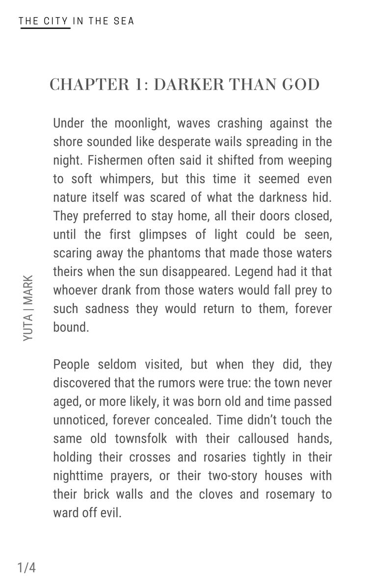 the city in the sea 
⛪️ yumark (small town setting)
⛪️ written for <a href="/yutabingo/">yuta bingo: resting 💤</a>: [denial of feelings, angst]
⛪️ mature
⛪️ demon!yt x human!mk
⛪️ 4/4; 33.3k words
⛪️ please read the tags !
⛪️ link: archiveofourown.org/works/43188169