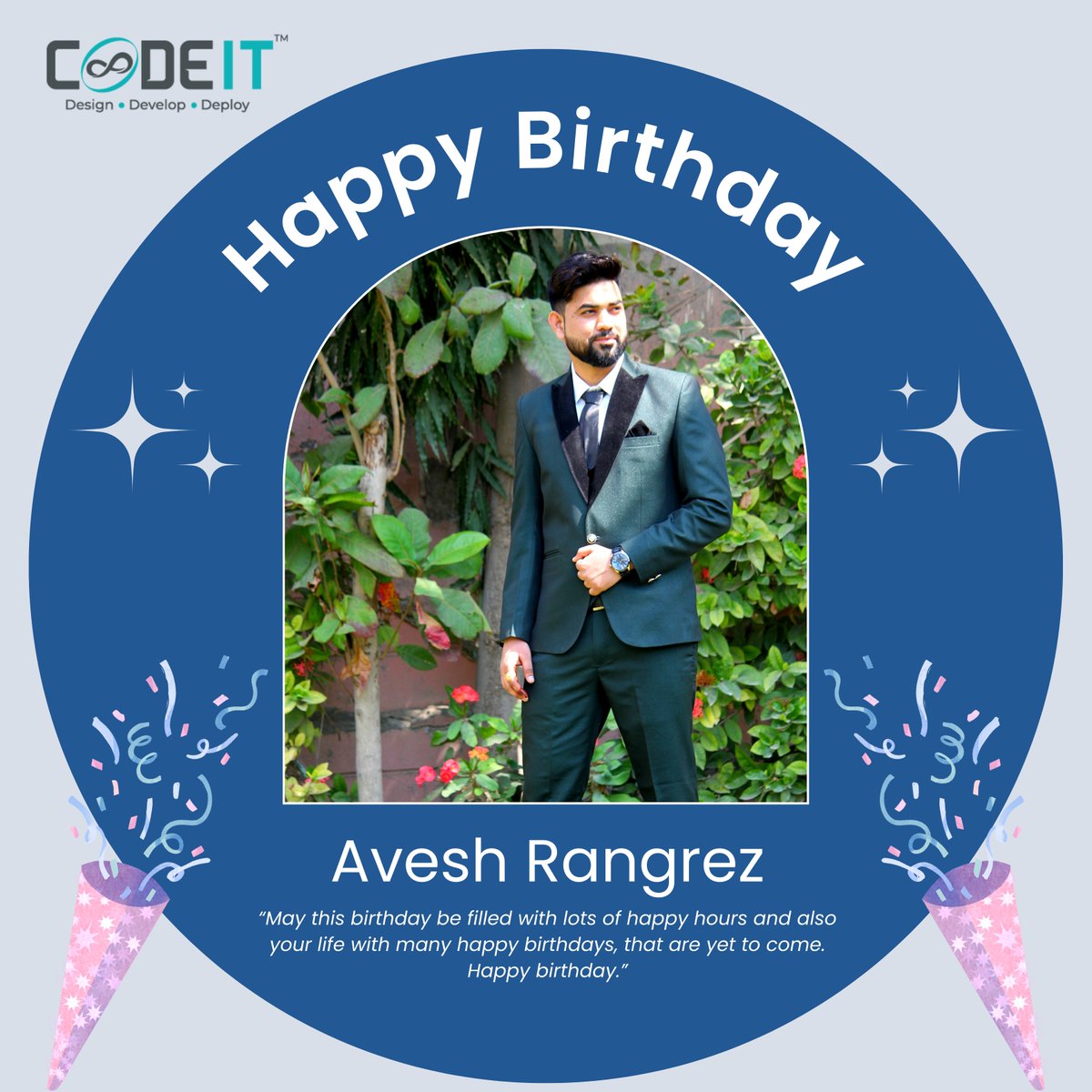 coode_it's tweet photo. CoodeIT Solutions Pvt Ltd appreciates all of your hard work.
#TeamCoodeIT wishes you pleasure, wealth, and well-being by accomplishing all the great goals you have set!
Happy Birthday, Avesh Rangrez   ! 
#happybirthdaytoyou #happybirthday https://t.co/j4xzR8Pgod