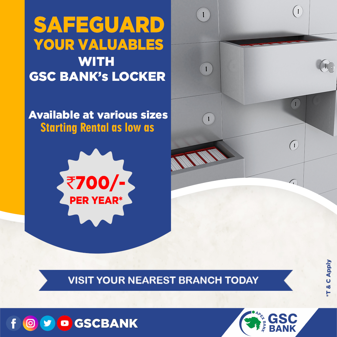 GSCBank's tweet photo. Safeguard your valuables with GSC Bank's locker at very affordable rates & various sizes. Visit your nearest branch today.
#GSCB #lockers #secureyourvaluables #safedepositlocker #safety #banking #Securebanking #affordable #VariousSizes https://t.co/Aj33Fy3z6z