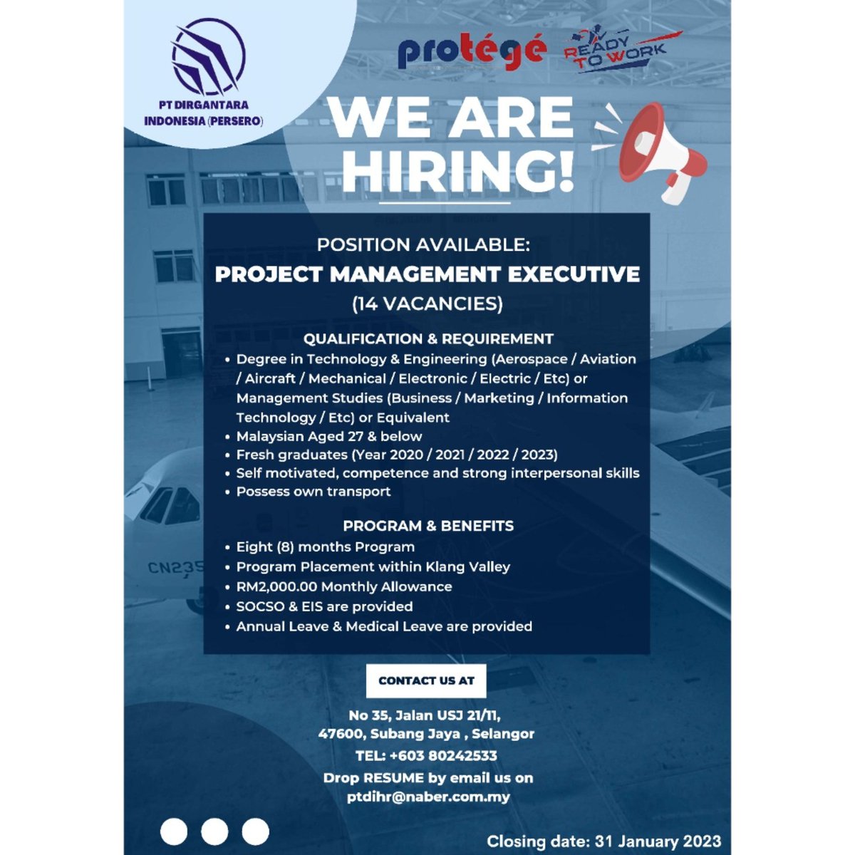 Dear Graduates,

We have good news!

PT Dirgantara Indonesia (PERSERO) currently looking for PROTÉGÉ-RTW Trainee

Hurry up and send your resume to email ptdihr@naber.com.my

#PROTEGERTW
#jobopportunity
#carikerja
#bangsausahawan
#keluargamalaysia
#medacprihatin
#keluargausahawan