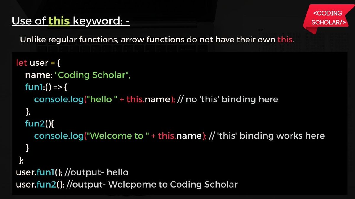 coding_scholar's tweet image. Difference between Regular Function and Arrow Function 🤔
Difference between Regular Function and Arrow Function 🤔
Follow @coding_scholar for such more content ☺️
#codingscholar #coding #programming #programminghumor #codingforkids #codinglife #javascript #html #css #js