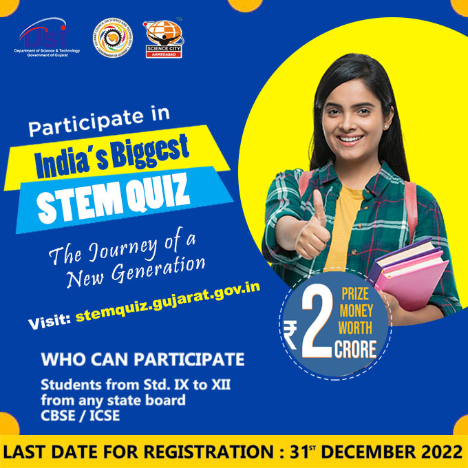 India's Biggest #STEMQuiz
The Journey of a New Generation!
Students can register on stemquiz.gujarat.gov.in
Rs. 2.00 Crore Prize Money Worth 
Last Date for Registration : 31st December 2022 
@narottamsahoo @drvrajesh @Punam_Bhargava @DEO_Navsari  @DrSangeetaRath3