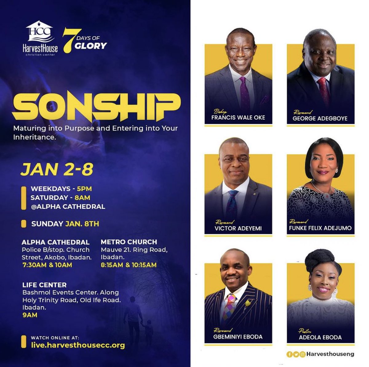 January Days of Glory is always an experience to look forward to. In January 2023, we will be adequately equipped in our sons and daughters of the kingdom. 
Get your year started on a note of Grace!
#HCC7DG
#HarvestHouseNation