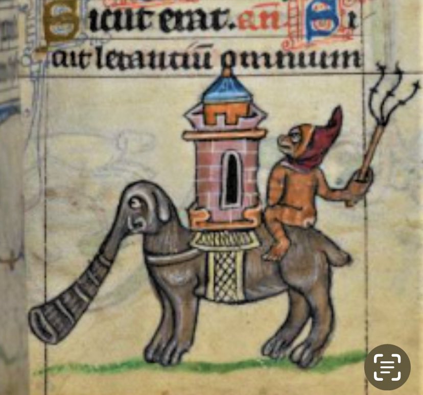 It does seem rather unlikely that this medieval artist had ever seen an elephant in the flesh. Early 14th century, The Maastricht Hours, British Library, Stowe MS 17, f. 36r