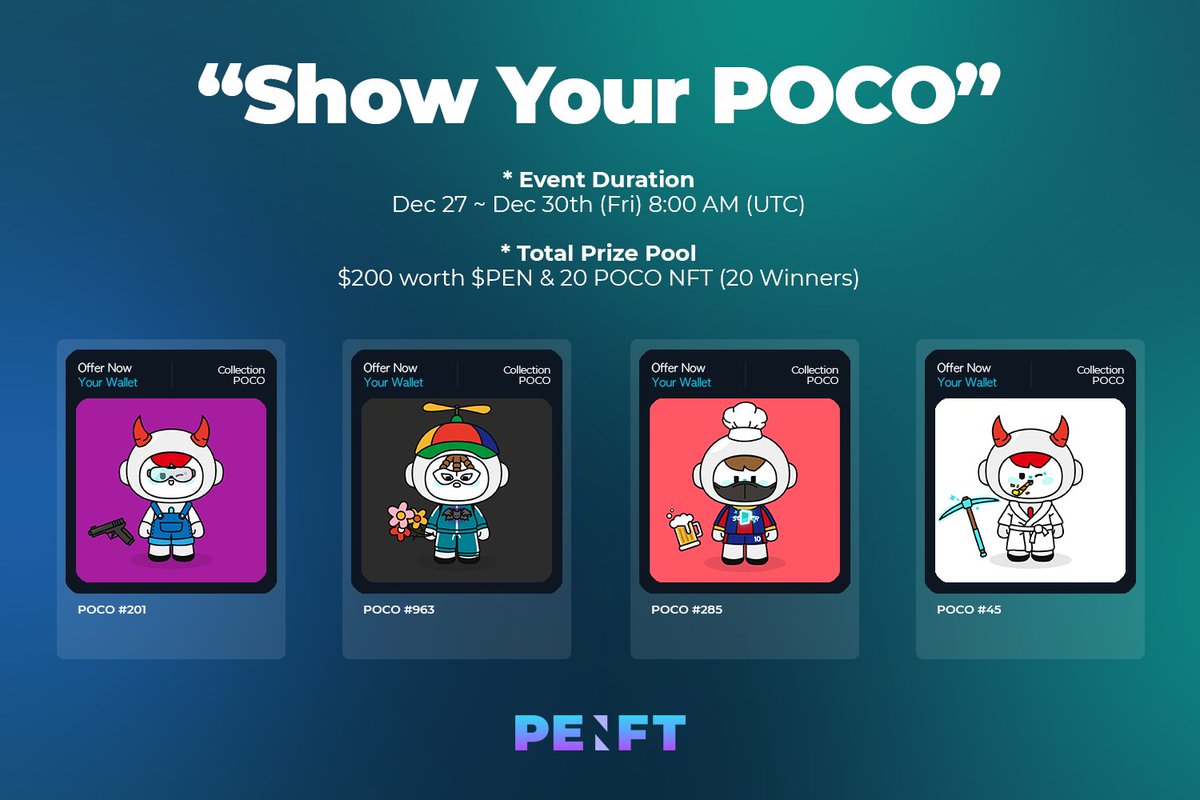 PENFT_Official's tweet photo. ✅"Show Us Your POCO" Event
🧵1/2
1. Follow @PENFT_OFFICIAL @kuswapfinance @Protoconpen
2. Upload the POCO you’ve bought on KuSwap's NFT Marketplace 
3. Tag @PENFT_OFFICIAL and Tweet something witty about POCO

https://t.co/7HXsYseJnN https://t.co/l4936zuFwl