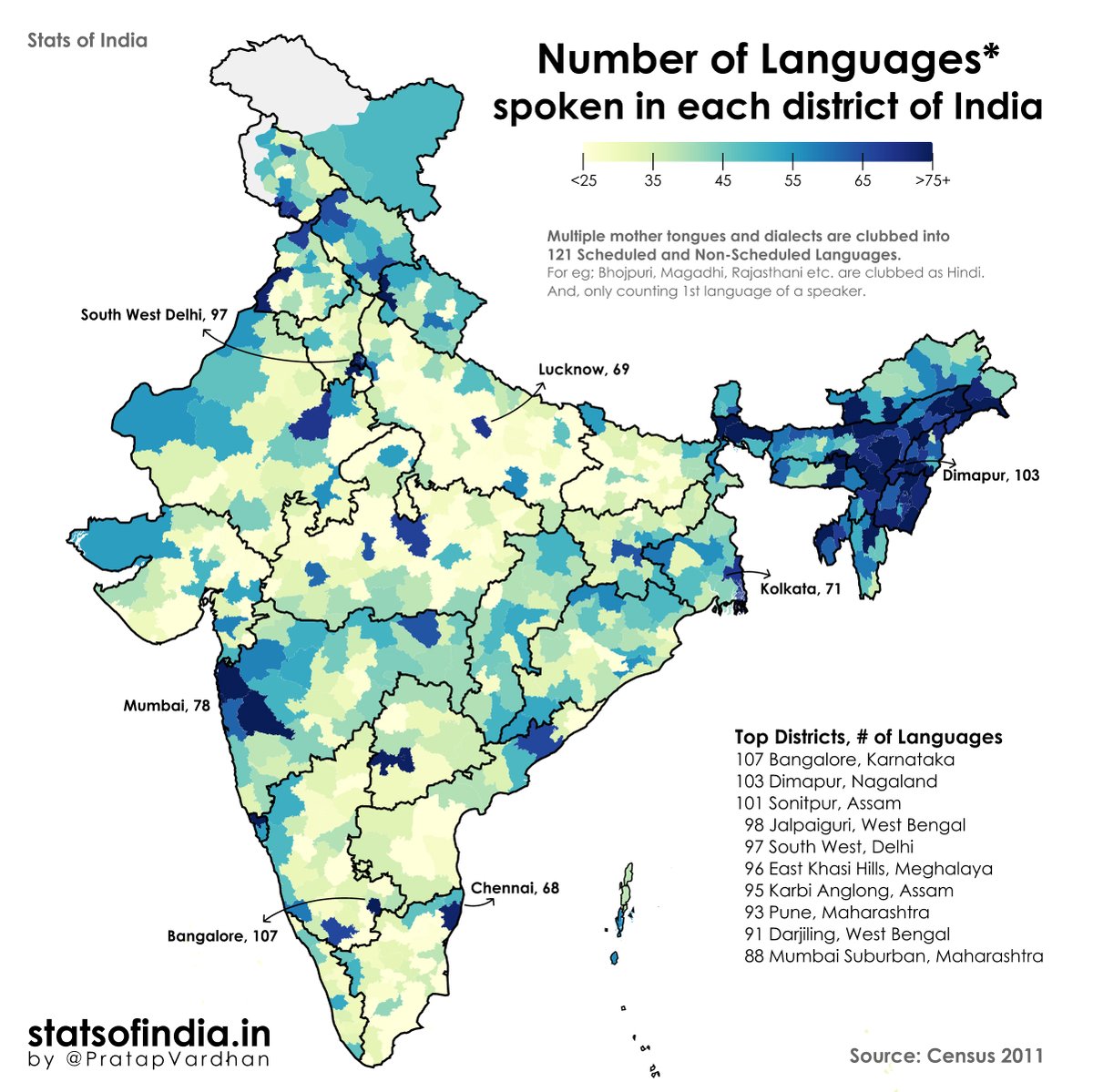 How many languages are spoken in each district of India? 107 languages* are spoken in Bengaluru, highest in India.