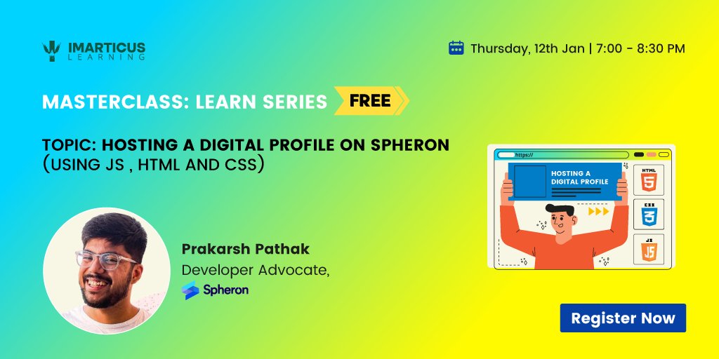 Skillenza (@skillenza) on Twitter photo MasterClass: Learn Series Alert!
Join us on 12th January 2023 from 7 to 8:30 pm with <a href="/blockchainbalak/">Prakarsh | Blockchain Balak</a> to learn how to host a digital profile on Spheron using HTML, CSS, and JavaScript.
Register Now: lnkd.in/dhet9j7w
#students #learningeverday #masterclass #skillenza MasterClass: Learn Series Alert!
Join us on 12th January 2023 from 7 to 8:30 pm with <a href="/blockchainbalak/">Prakarsh | Blockchain Balak</a> to learn how to host a digital profile on Spheron using HTML, CSS, and JavaScript.
Register Now: lnkd.in/dhet9j7w
#students #learningeverday #masterclass #skillenza
