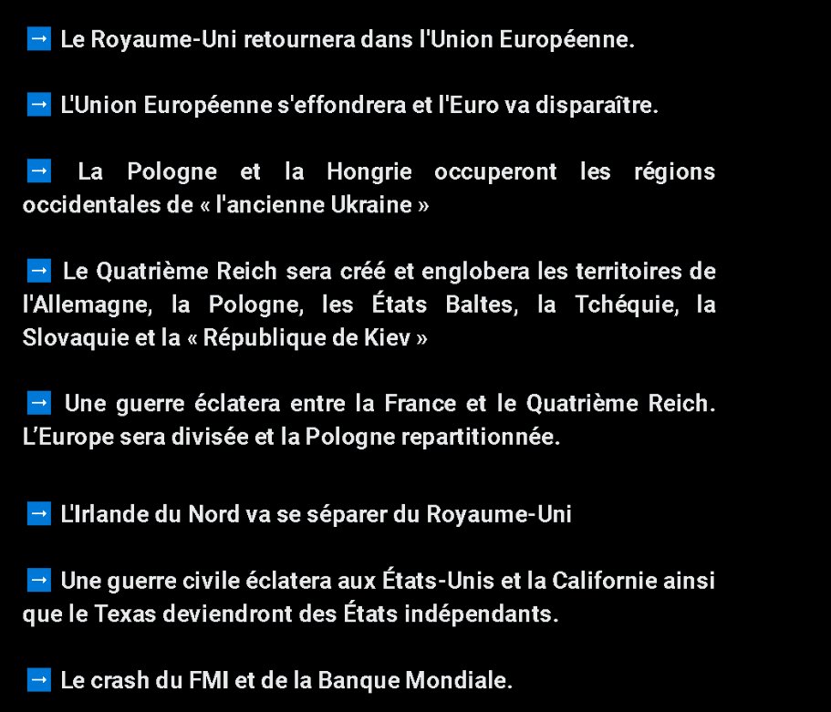 L_ThinkTank's tweet photo. [ 🇷🇺 RUSSIE ]

🔸 Dmitri Medvedev s'est livré à d'incroyables prédictions pour 2023 : 

• Création du 4ème Reich et guerre avec la France.
• Retour du Royaume-Uni dans l'UE.
• Effondrement de l'UE et fin de l'Euro.
• Occupation d'une partie de l'Ukraine par la Pologne.

⤵️ https://t.co/SI7QTMHUk3