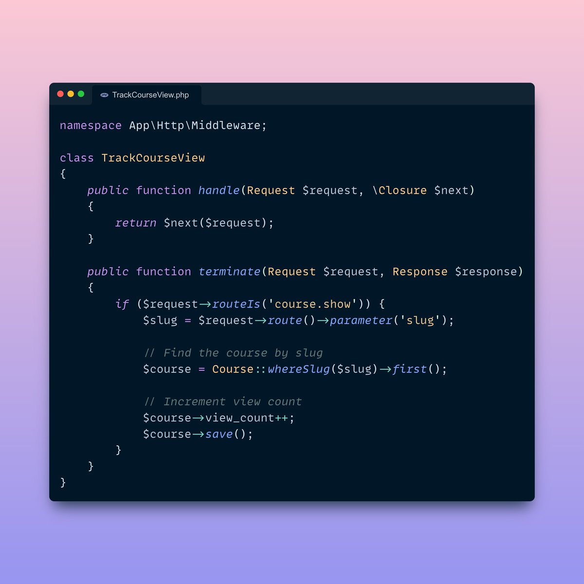 phpfour's tweet photo. Laravel Tip ⚡️

Use a “Terminable Middleware” to perform some tasks after a response has been sent to the browser. All you have to do is add a "terminate()" method on the middleware.

Example use cases:

• Track page views
• Send notifications
• Update user's last activity https://t.co/gf8ccZtzg5