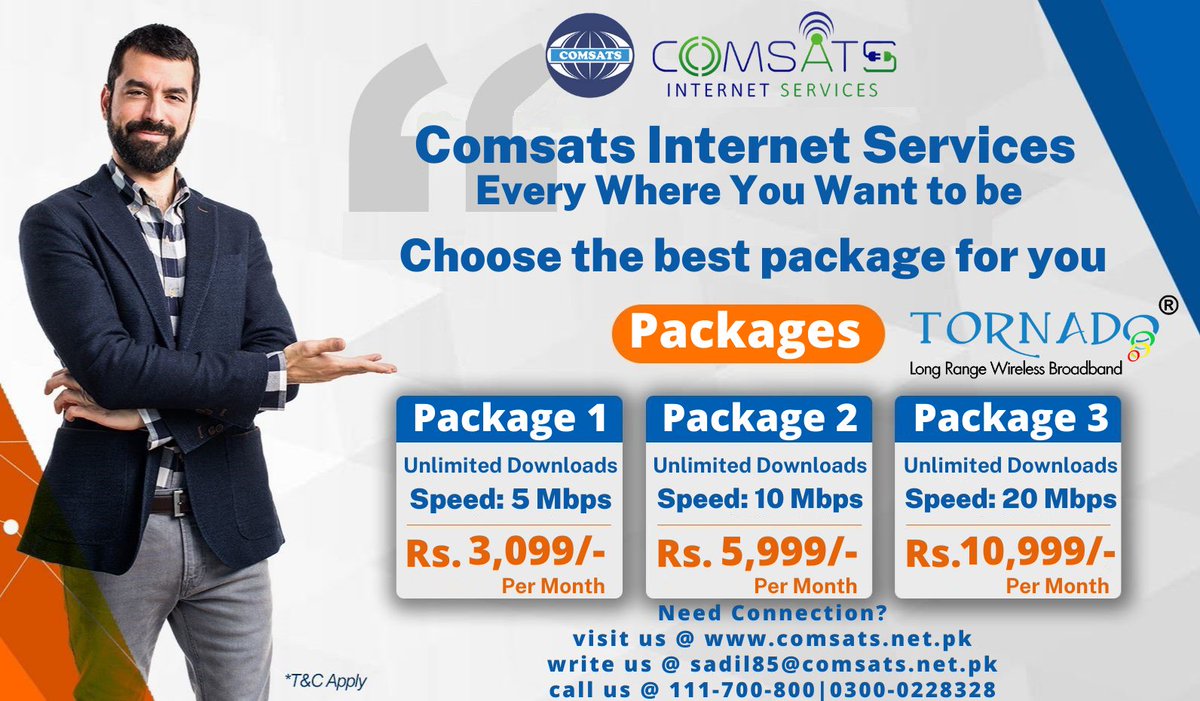 COMSATS Internet Services CIS gives you the Fastest Internet Connectivity at the most affordable rates.

Available in all major cities of Pakistan!

For more information, call or visit: 051-2341175-6| 0331-5220082| 0333-2667287| comsats.net.pk

#CIS