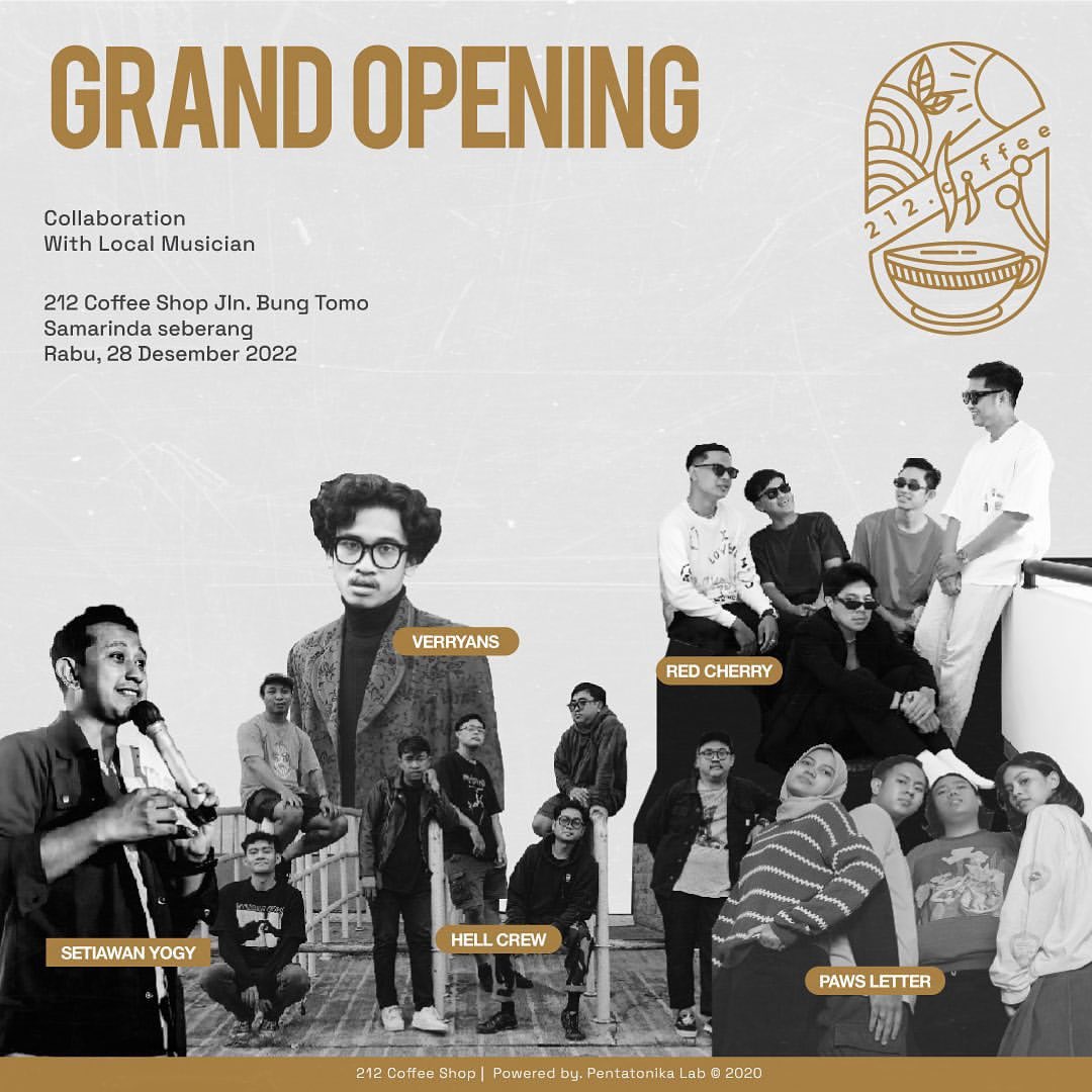 smrgigupdate's tweet photo. Grand Opening 212 Coffee &amp; Space, menampilkan: Red Cherry, Verryans, Paw’s Letter, Hell Crew.

Rabu, 28 Desember 2022. Mulai jam 8 malam. https://t.co/iMxjNq1VWh