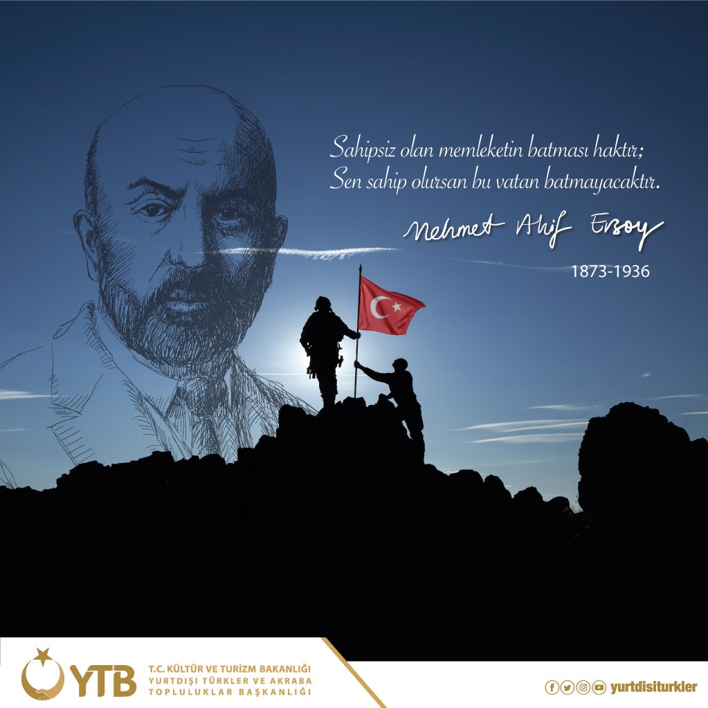 yurtdisiturkler's tweet photo. ❝Sahipsiz olan memleketin batması haktır
Sen sahip olursan bu vatan batmayacaktır ❞
Vefatının yıl dönümünde İstiklâl şairimiz #MehmetAkifErsoy'u rahmet, minnet ve şükranla anıyoruz. https://t.co/BD7OaWvCoR