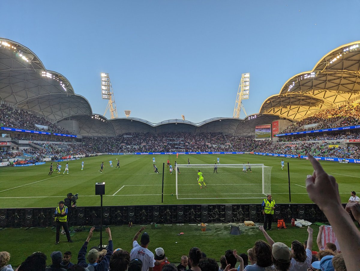 BransenGibson's tweet photo. Two games, 10 days apart. I have been to many, many A-League Men's games, but none of them have felt like this. By far the most bizarre, surreal atmosphere I've ever  experienced. Crazy. #MCYvCCM https://t.co/43ZFjApIBV
