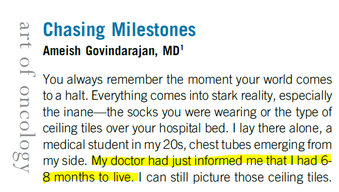Grateful to @chadinabhan for insights as @AGovindarajanMD put this piece together. Also to @l_schapira who ensures the #ArtofOncology section of @JCO_ASCO is consistently top-notch. Ameish starts his #PalliativeCare fellowship at @MSKCancerCenter next yr. (3/4)