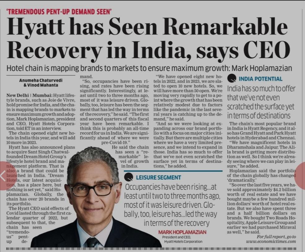 Rajyasree's tweet image. The last two quarters have been the best ever for Hyatt in India: Mark Hoplamazian, president and CEO, Hyatt Hotels Corporation

Read more at:
economictimes.indiatimes.com/industry/servi…