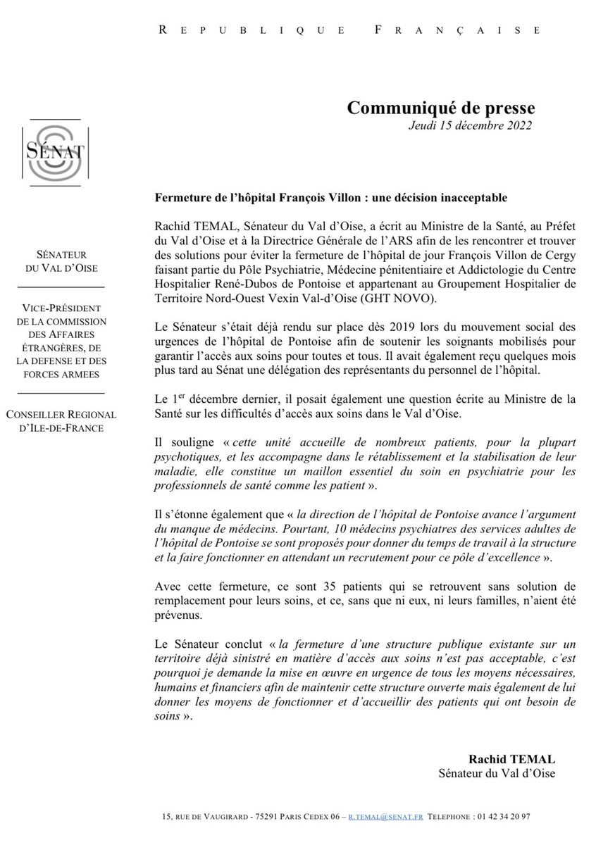 🔴 Mobilisation pour l’Hôpital 

Je viens d’écrire au Ministre, au Préfet du Val d’Oise et à la Directrice de l’ARS Ile-de-France pour m’opposer à cette fermeture de l’hôpital de jour François Villon et la suppression d’un service public déjà en difficulté.