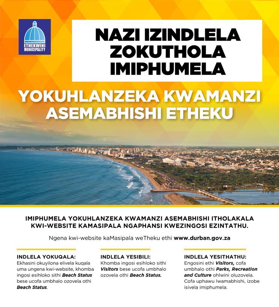 IsolezweNews's tweet photo. Thola ulwazi oluphelele ngemiphumela yamabhishi aseThekwini.
Woz’ eDurban
#VisitDurban
#DurbanSummer https://t.co/tJNd3bvuot