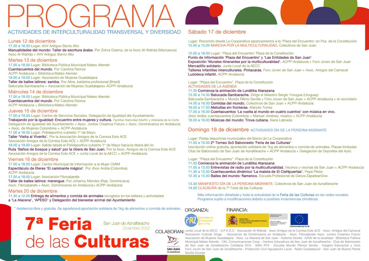 <a href="/ACPPAndalucia/">ACPP Andalucía</a> <a href="/ACPPasamblea/">ACPP</a> <a href="/inclusiongob/">Ministerio Inclusión Seguridad Social Migraciones</a> <a href="/sjaznalfarache/">Ayuntamiento de San Juan de Aznalfarache</a> <a href="/pcsanjuanazche/">Protecció Civil San Juan de Aznalfarache (Sevilla)</a> <a href="/forojovensj/">forojovensj</a> <a href="/alacenasja/">Alacena de San Juan</a> <a href="/CBSanJuandeAzn/">C.B. San Juan de Aznalfarache</a> <a href="/sambarache/">Batucada Sambarache</a> 👀 Nos vemos en las calles celebrando la #diversidad, creando espacios donde convivir y enorgullecernos de nuestra #multiculturalidad✅ y con más actividades durante el fin de semana de la 7ª Feria de las Culturas de San Juan de #Aznalfarache 

#FeriadelasCulturas #convivencia