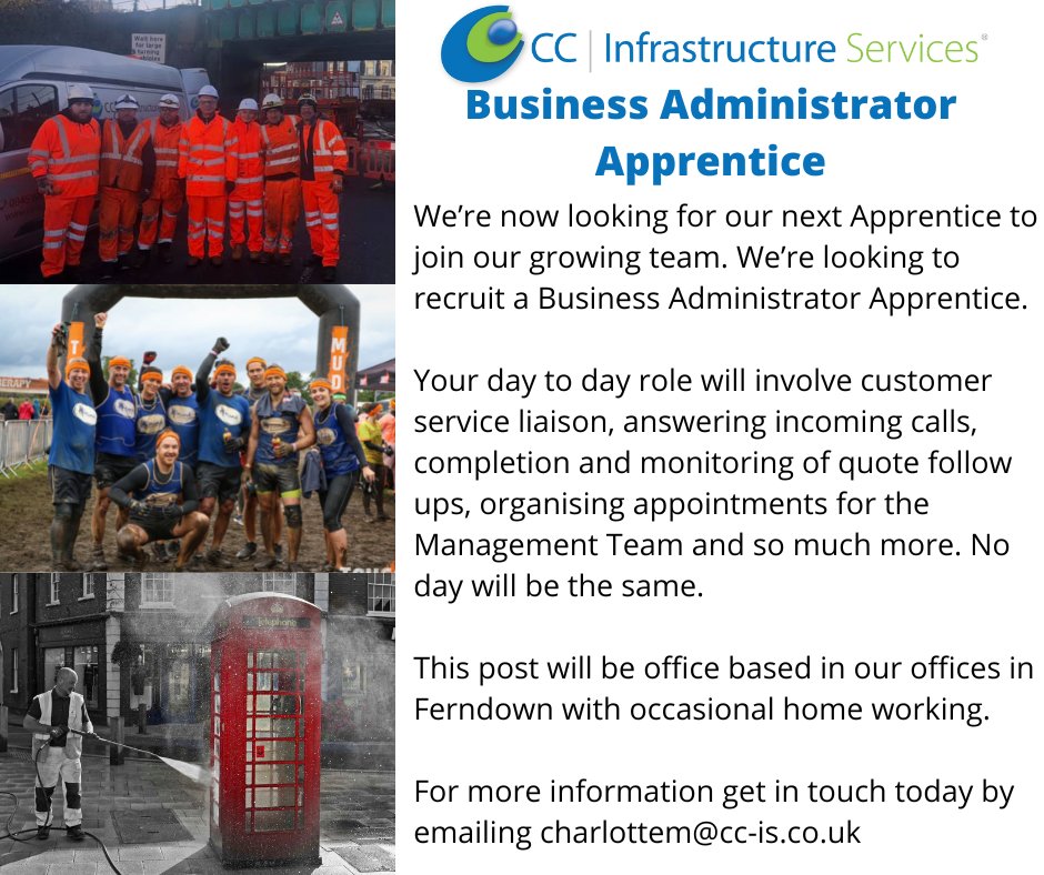 CCInfraServices's tweet photo. We are pleased to share that we are recruiting a Level 3 Business Administrator Apprentice to join our head office team. Check out our ‘work with us’ page here for more information on the role and how to apply: https://t.co/RpKl6AkQh7
 
#wearehiring #apprenticeship https://t.co/pGTSqgLvRJ