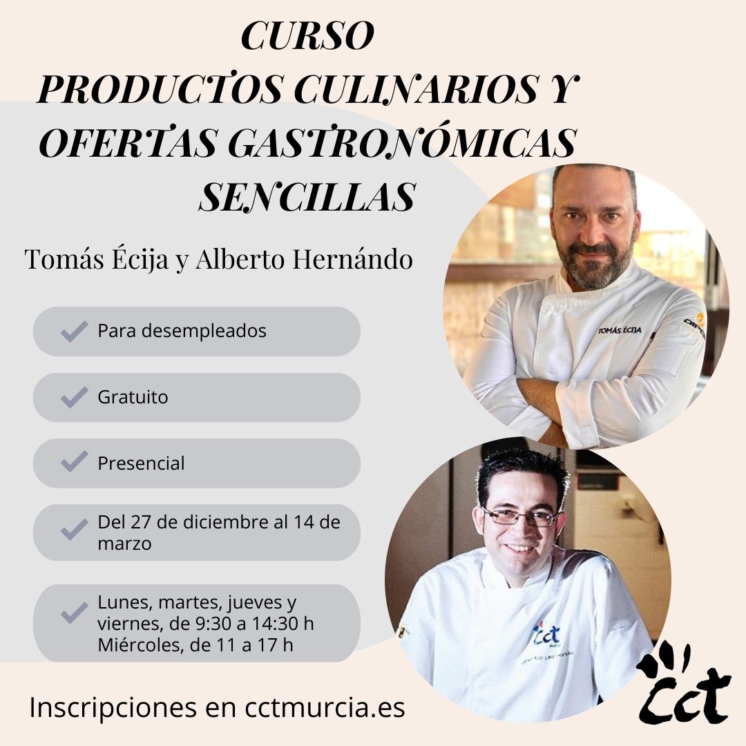 Nuevo curso de Certificado de Profesionalidad nivel II "Productos Culinarios y Ofertas Gastronómicas Sencillas" para desempleados, comienza antes de que acabe el año, con dos cracks como profesores <a href="/EcijaTomas/">Tomas Ecija</a> y <a href="/AlbertoAmureco/">Alberto Hernando</a> 
Info ⏩ bit.ly/3WlH5QN
#cursoscct #cocina