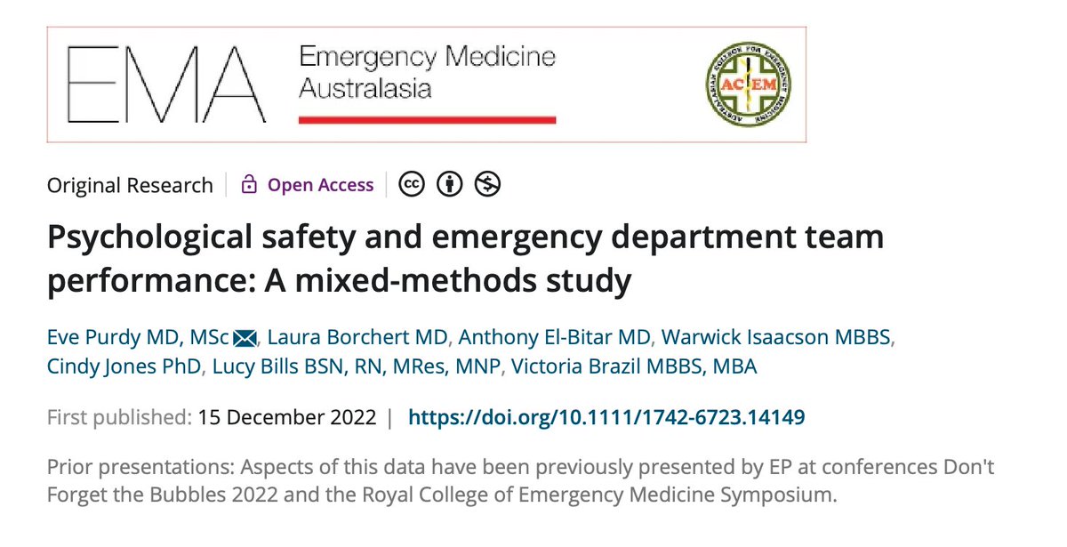 Thrilled to share our latest research on ED teams. Psychological safety - the ability to take interpersonal risks - is critical to team performance across industries...we have put a spotlight on the concept in emergency medicine. onlinelibrary.wiley.com/doi/full/10.11… A thread.