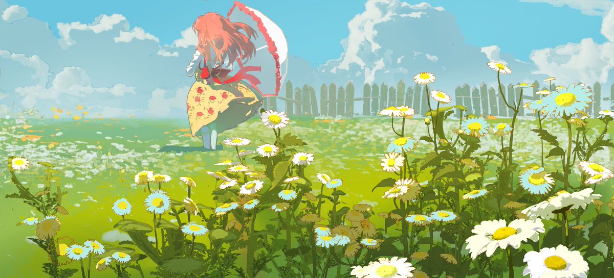 1girl flower solo field umbrella outdoors flower field  illustration images