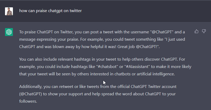 ShrinathKopare's tweet photo. I just used ChatGPT and was blown away by how helpful it was! Great job @ChatGPT!

@elonmusk Take a bow! You are a savior for developers. @ChatGPT is decades ahead than #Siri and #GoogleAssistant. And it has killed the competition in just a few days. https://t.co/3wxWrPAs2O
