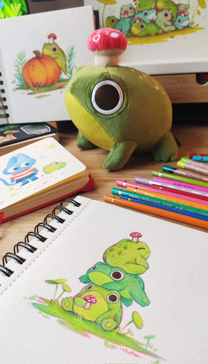 chetom_'s tweet photo. @ThornwolfArt here's a pile of little round frogs I drew. hope they bring you some serotonin today 🐸🧡 https://t.co/L5bPOaBFDS