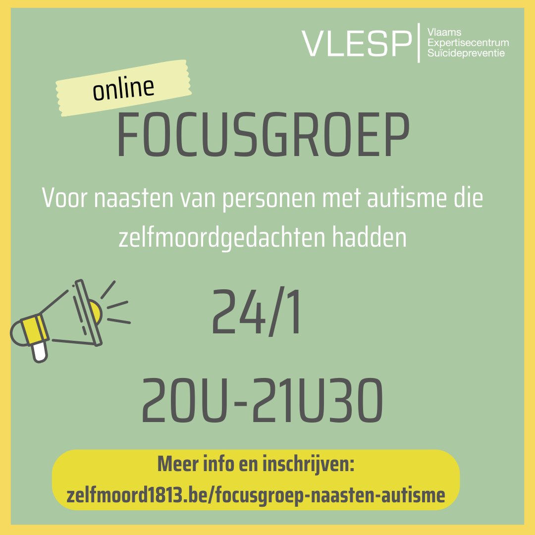 Ben je naaste van iemand met autisme die zelfmoordgedachten heeft of had? Op 24/1 organiseren we een focusgroep waar we graag naar jouw verhaal, ervaringen en noden luisteren. Info en inschrijven: zelfmoord1813.be/focusgroep-naa…