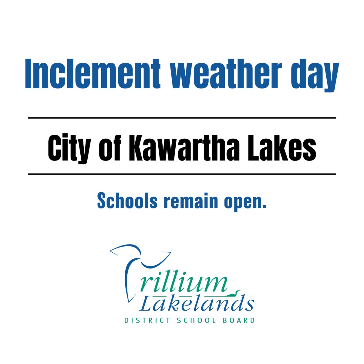 (1/2) Due to the weather forecast expected to worsen throughout the day, transportation to schools is not operating in the City of Kawartha Lakes today, December 15. 

Schools remain open and learning opps will continue for students who are able to safely attend in-person.