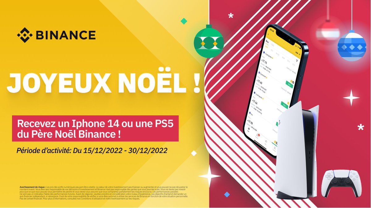 binanceafrique's tweet photo. Vive Noël 🎄chez Binance Afrique !

Profitez de notre offre spéciale Noël🎄 et qualifiez vous afin de remporter un Iphone 14🤳 ou une PS5 🎮

📍Likez et commentez 

📍Taguez un ami /une amie 

📍Consultez les règles et conditions de l’offre ici:
➡️ https://t.co/Lj6AYryxKM https://t.co/DfvUu6cz6O