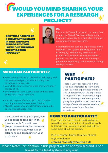 EmmaBro10453994's tweet photo. Are you a parent of a child with a brain injury and have supported your loved one through the litigation process?
If so, it would be really great to hear from you and about your experiences as a part of my research project! #ABI #BrainInjury #TBI https://t.co/FewF36lLWk