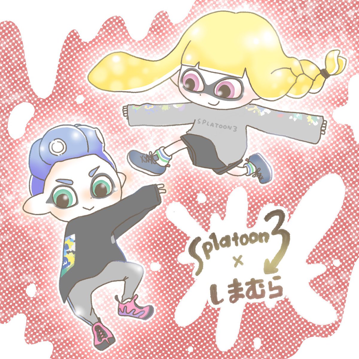 inkling ,inkling girl ,octoling 1girl 1boy tentacle hair smile blonde hair braid pants  illustration images