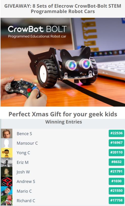 Elecrow1's tweet photo. 📢Elecrow #CrowbotBolt Giveaway Winner Announced. Congratulations! 🎉🎉
1️⃣Top 3 entries:@tomgalil32_john @emcvss @ychen12001
2️⃣5 randomly picked:@erizMartnez2 @jawmonkeygames @_Kobresia_ @MarioCesarCrux and Richard Cone Jr
Check this gleam in detail 👇
https://t.co/WD8LuF5MaA https://t.co/lsHJl8yyr4