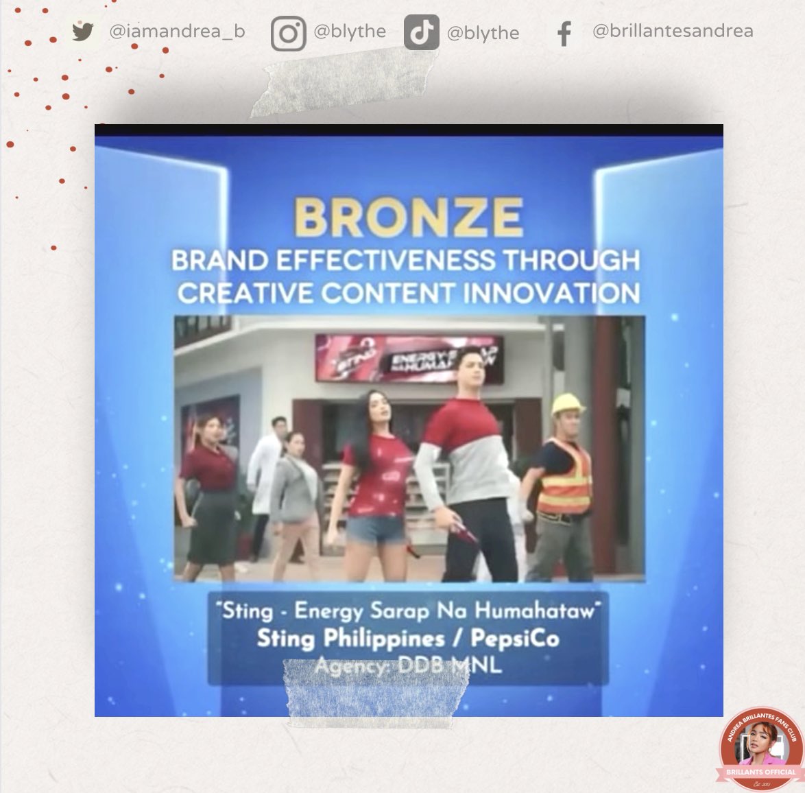 BrillantsOFC's tweet photo. Congratulations  to  #AndreaBrillantes  and Sting Philippines  for winning   " Bronze—Brand Effectiveness Through Creative Content Innovation "  at the 2022 Panata Awards👏

https://t.co/rgyLbCZXid

#StingPhilippines | BLYTHE https://t.co/eaDwb3tcfL