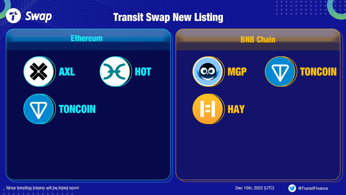 🆕@TransitFinance Token List update: 5 trending tokens on @BNBCHAIN and @ ethereum. 1. $AXL @axelarcore 2. $TONCOIN @ton_blockchain 3. $HOT @H_O_L_O_  4. $MGP @magpiexyz_io 5. $HAY @Helio_Money 👉https://t.co/na7pf6hfRc