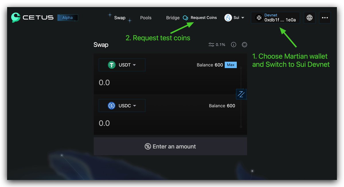 CetusProtocol's tweet image. How to test #Cetus on #Sui?

One way to go smoothly👇

Connect @martian_wallet and switch to #Sui devnet, then request test coins✅