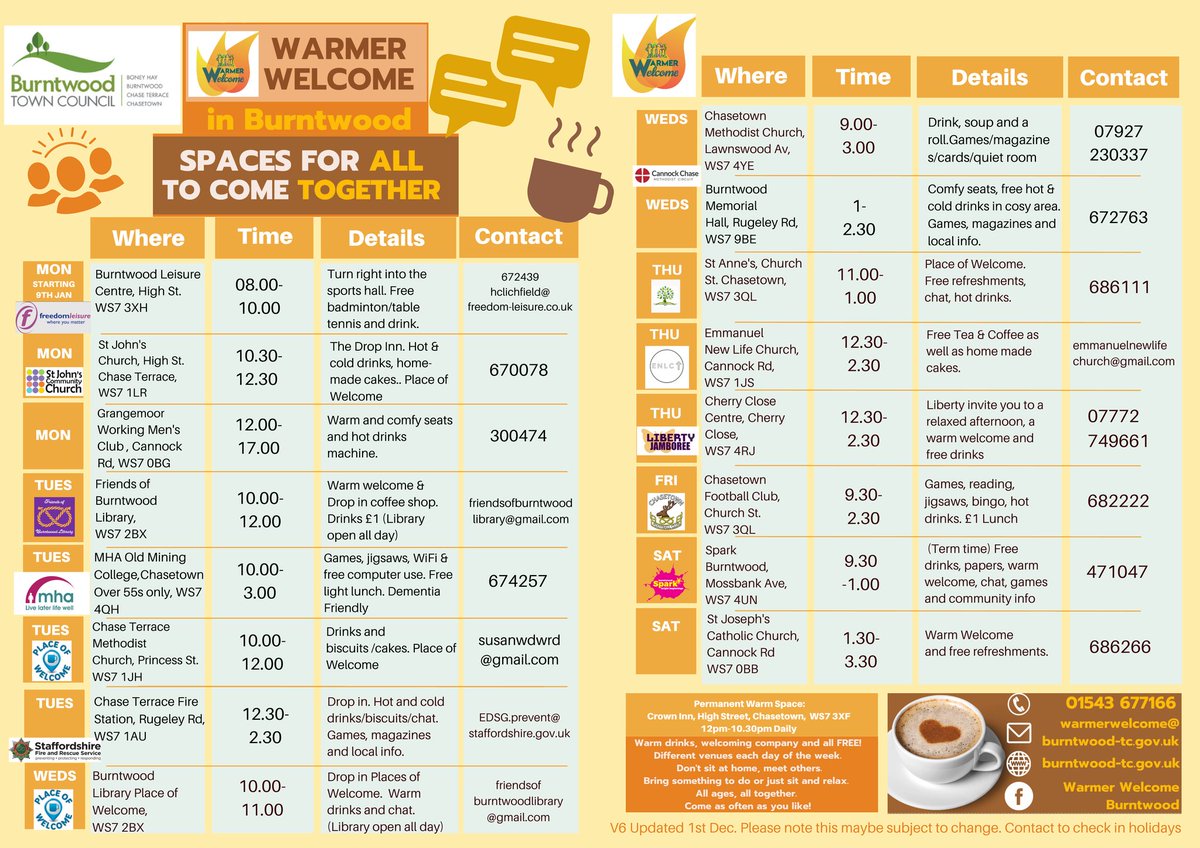 Please can you help by sharing this page and times?
All welcome in Burntwood 6 days a week to Warmer Welcome Burntwood Free for the whole community.