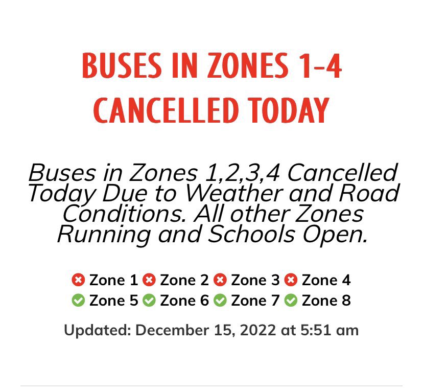Transportation has been canceled for today. School events (dinner) planned for today have been postponed to Friday December 15th.

Travel safe if heading out today.