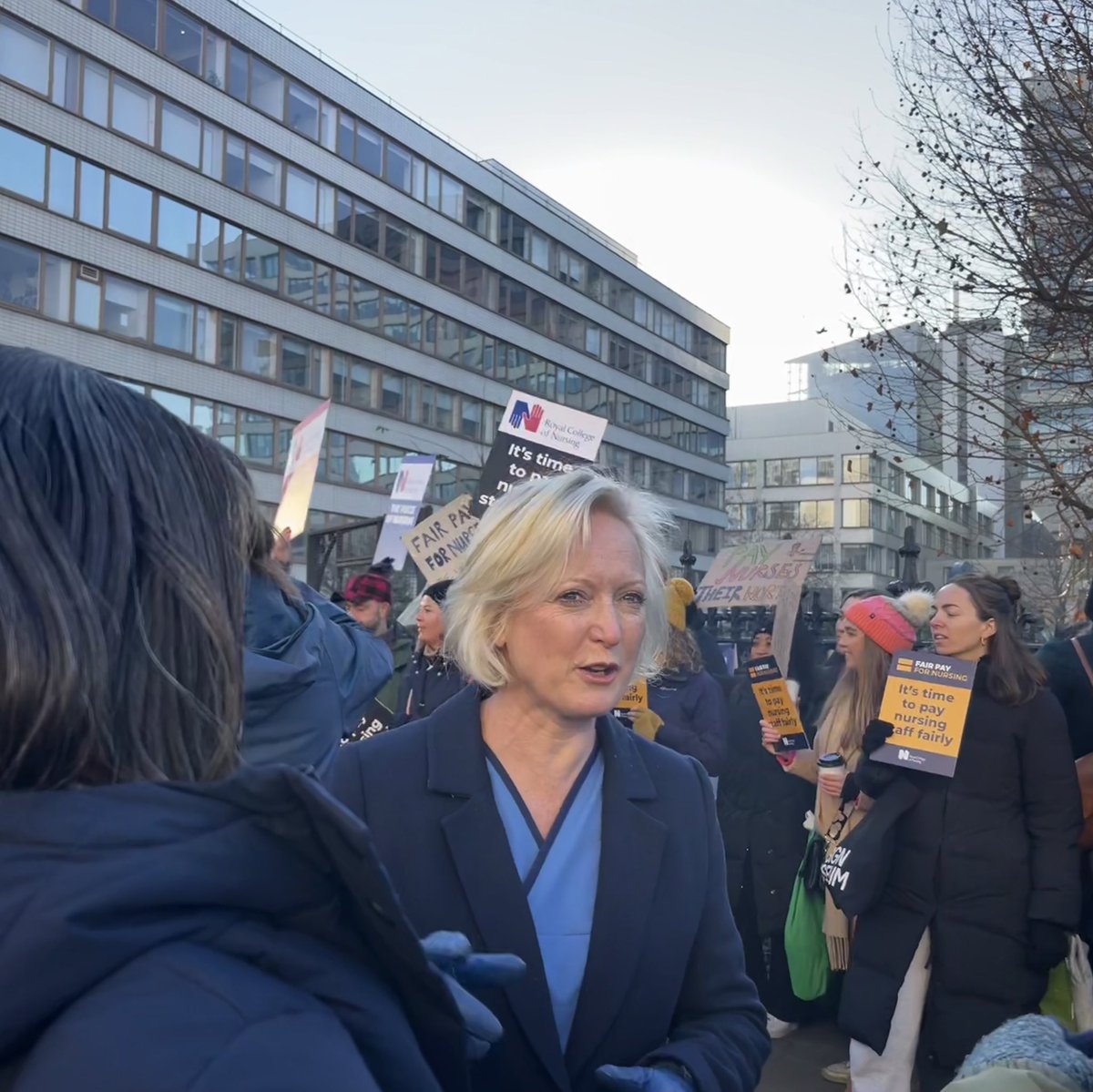 England’s chief nurse Dame Ruth May has just turned up on the picket line here outside St Thomas’s hospital.
She says she supports striking nurses and ministers must reach an “urgent resolution” with the nursing union over pay.